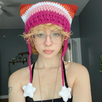 Pride Flag Inspired Crochet Cat Hats with Star Strings