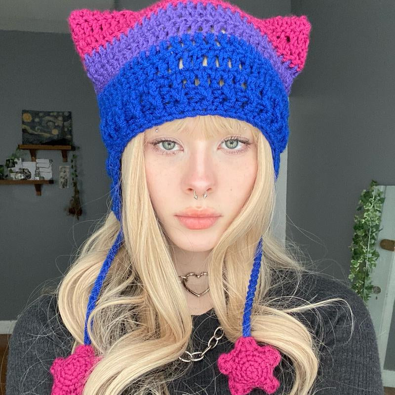 Pride Flag Inspired Crochet Cat Hats with Star Strings