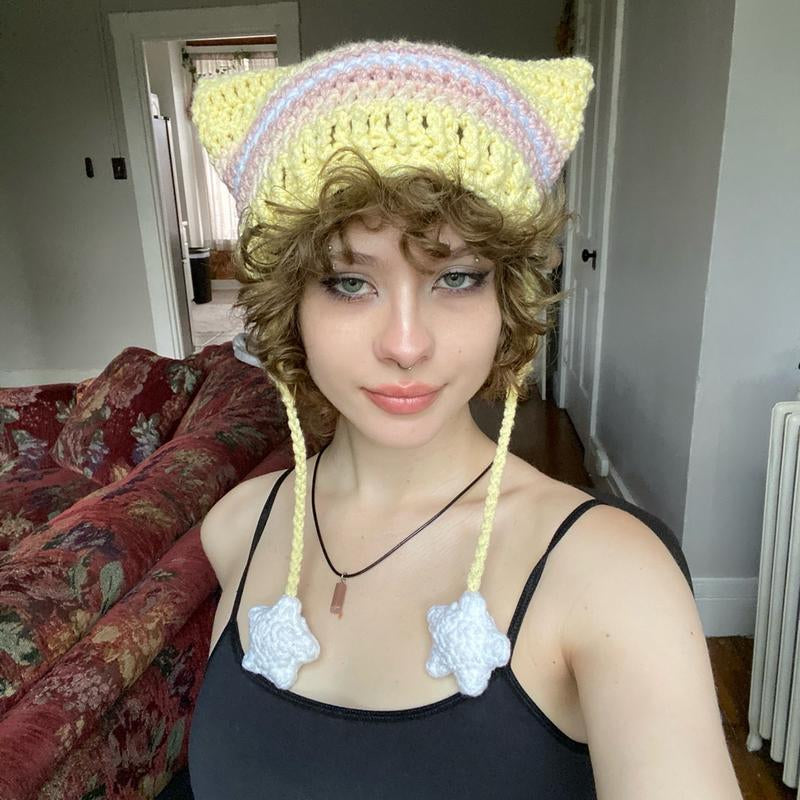 Pride Flag Inspired Crochet Cat Hats with Star Strings