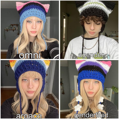 Pride Flag Inspired Crochet Cat Hats with Star Strings