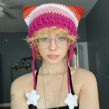 Pride Flag Inspired Crochet Cat Hats with Star Strings
