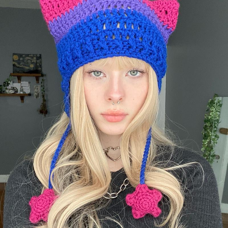 Pride Flag Inspired Crochet Cat Hats with Star Strings