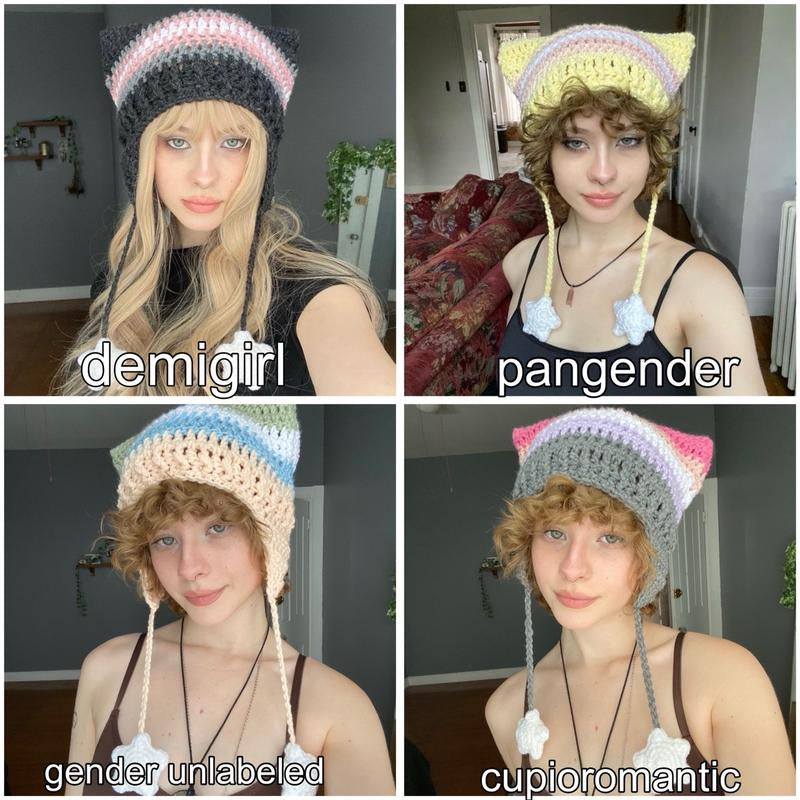 Pride Flag Inspired Crochet Cat Hats with Star Strings