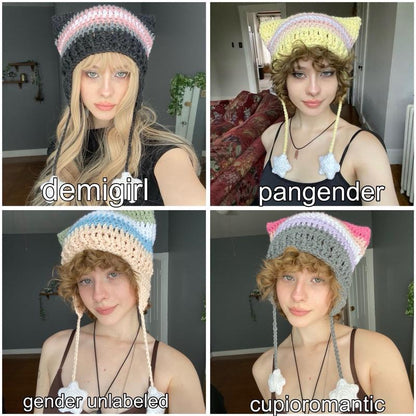 Pride Flag Inspired Crochet Cat Hats with Star Strings