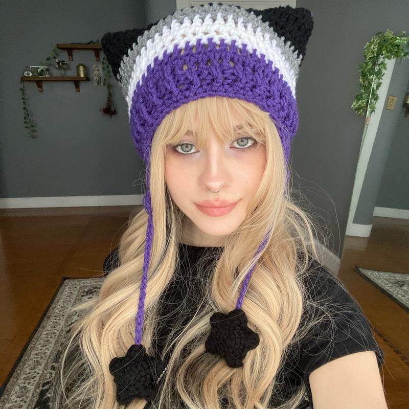 Pride Flag Inspired Crochet Cat Hats with Star Strings