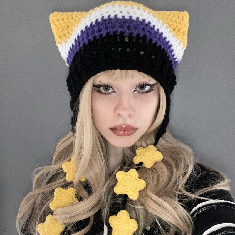 Pride Flag Inspired Crochet Cat Hats with Star Strings
