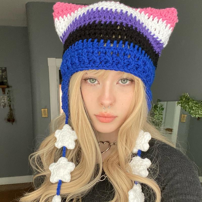 Pride Flag Inspired Crochet Cat Hats with Star Strings