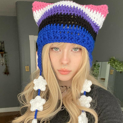 Pride Flag Inspired Crochet Cat Hats with Star Strings
