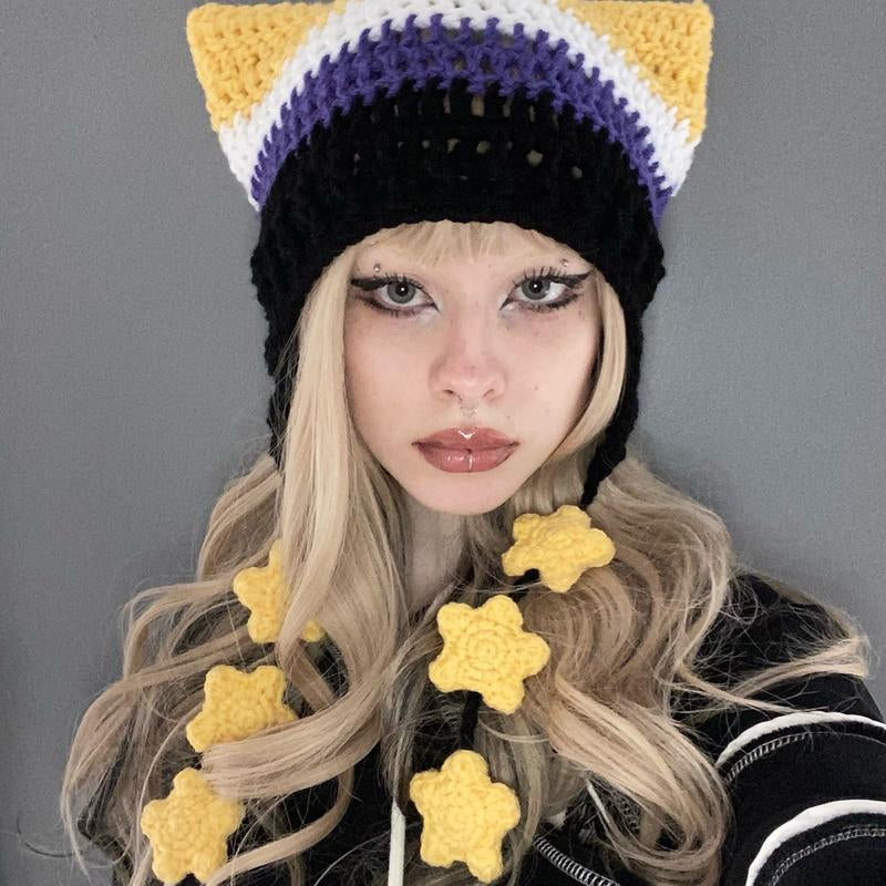 Pride Flag Inspired Crochet Cat Hats with Star Strings