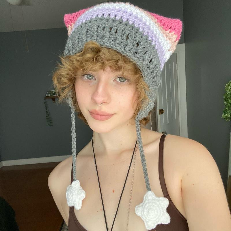 Pride Flag Inspired Crochet Cat Hats with Star Strings